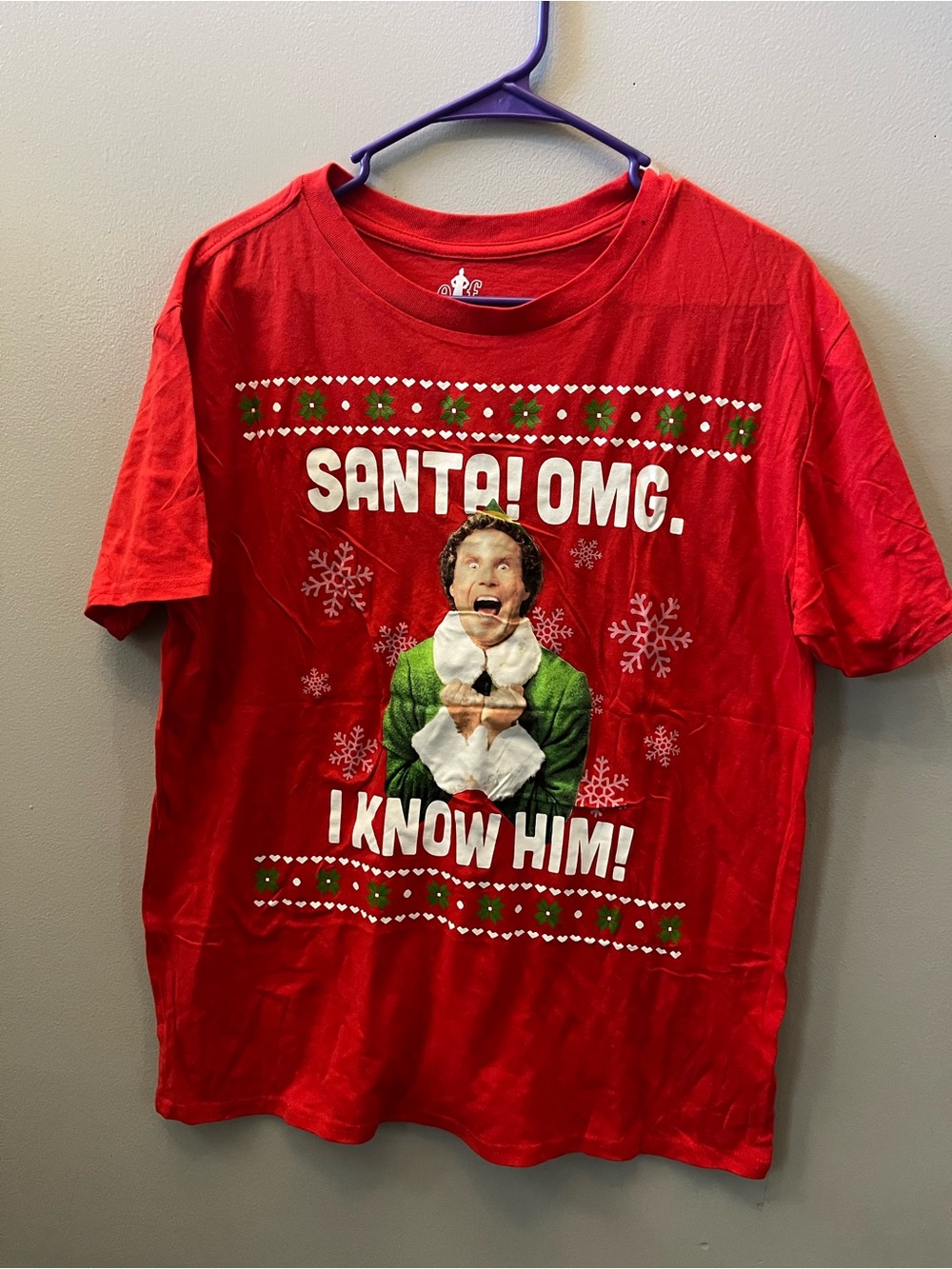 ELF Red Graphic Holiday Tee "SANTA! OMG. I KNOW HIM!"